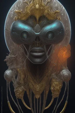 black male African alien, cracks in the head, wicked, Asian eyes, crown, blood, 8k, finely detailed, photo realistic, Boris Vallejo style turquoise skull head gold dragon space alien rain skeleton gold tooth silver helmet silver space suit spaceships