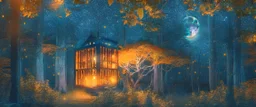 long distance view a library in forest with fireflies and orange mystic lights around trees that have wide leaves and broad trunked. Night with moon light. Realistic