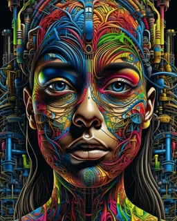 high quality illustration of a front complex woman face head mixed with a chemical plant (detailed eyes, nose, mouth , neck), surreal, visible brain, made of recycled colored objects all around and inside of head, dark industrial interior background , 4k, HDR, UHD, all in focus, clean, no grain, concept art