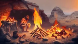 Paleolithic landscape with man and fire cooking food