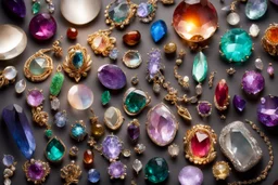 top view of lot of coloured gemstone jewellery in candlelight