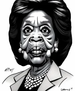 a caricature close-up face portrait of mad maxine waters, extreme cross-eyed, pouting, looking very very sad very very very angry, drawn by mort drucker mad magazine