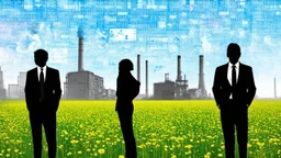 silhouettes of modern business people in a flowery green field, the silhouette is pasted with early 20th century black and white photos of damaged grainy, smoky, dirty industrial estates and business people covered with colorful financial graphicons