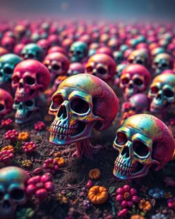 a field of skulls growing from the ground like fungus, multi colored, bright, vivid, psychedelicl, high detailed, matte,