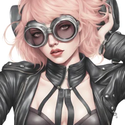 full body portrait -- an absolutely stacked female strawberry with pixie-cut hair, a perfect hourglass figure, perfect face, wearing a studded, black leather biker's jacket and pants with 12-inch platform boots and goggles,