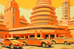 A light rosy orange colored city with cars painted by Frank Lloyd Wright