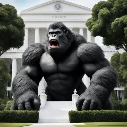 pressure mounting, the colossal Trump Kong and Muskzilla clash in White House gardens. Trump Kong, towering and fierce, battles Muskzilla, armed with futuristic technology. Citizens watch in horror as their leaders transform into monstrous titans. The once-peaceful gardens now a battleground for power. The fate of the nation hangs in the balance as the titans clash.