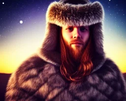 a sad and lonely viking looking up at the stars at night, hyper realistic, 8k, insane detail, atmospheric background, crying eyes, big fur coat, long braided hair, sharp focus, soft background, dynamic lighting, viking helmet, night time