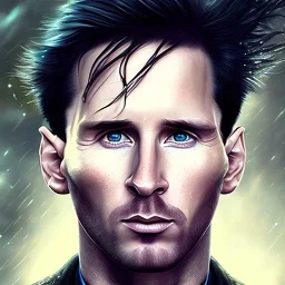 rain, Lionel Messi face, style steampunk, darkblue tones,