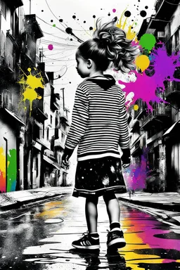 Mixed media picture, the background is black and white line art cityscape. In the middle a colorful photo of a little girl playing in the street, the girl is wearing colorful clothes, her hair is black. enhancing the contrast between her and the black and white cityscape, splash art