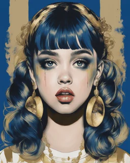 Poster in two gradually, a one side the Singer Danish MØ face, and other side the Singer Melanie Martinez face, symmetry, painting by Yoji Shinkawa, darkblue and gold tones,