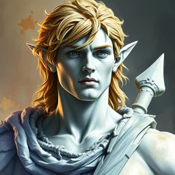 fantasy, dramatic portrait, marble statue of an elf male, marble skin, watercolour, golden hair, warrior, mighty, righteous