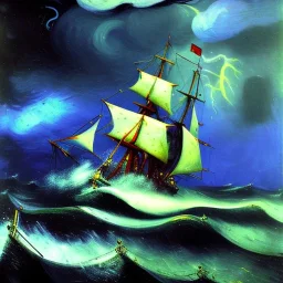 Dibujo al oleo de un Viejo Galeón Pirata navegando en la tormenta, Rayos y truenos, con nubes estilo Vincent van Gogh 8k