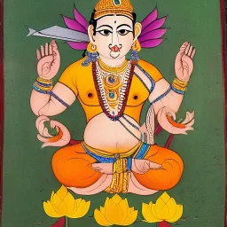 cow with hands and wings holding a lotus and sword in Indian painting style