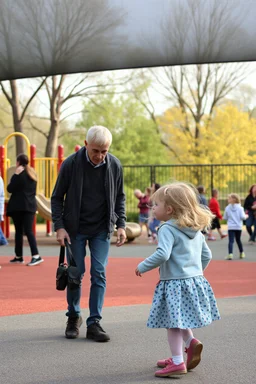 a creepy small skinny 40 year old dad in the playground with his young 3 year old daughter with blonde hair playing on the playground but the dad is checking out all the other kids curvy mums . there are many kids playing on the playground. he cant stop looking at the other mums