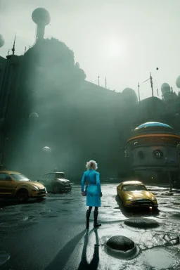 Ultra Realistic retro sci-fi scene, portrait, 2 blonde woman clones, sweet young Marilyn Monroe face, perfect iris, tight latex coat, helmet, Strange planet background. Spaceship, fog, rain, soft color, highly detailed, unreal engine 5, ray tracing, RTX, lumen lighting, ultra detail, volumetric lighting, 3d, finely drawn, high definition, high resolution.