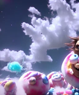 Ultra realistic clouds sky scene, wide angle, sweet childs falling down, inflatable color clothing, free jumping flying, many trinkets, monster hair, hair monster, many jelly beans, balls, smile, happy, circus style, extreme, wind, clouds sea, 20,000 feet altitude, stratosphere, soft color, highly detailed, unreal engine 5, ray tracing, RTX, lumen lighting, ultra detail, volumetric lighting, 3d, finely drawn, high definition, high resolution.