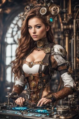 Front view half body gorgeous Realistic Photography beautiful super model Russian as playing Dj player with body full mechanical steampunk cyborg realistic beautiful woman hyper detailed