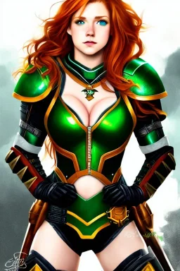 concept illustration, hyper detailed, strikingly beautiful teen female, 16 years old, long ginger hair, green eyes, medium freckles, full lips, full body, full face, b-cup breasts, athletic, centred camera, ignore NSFW, leather armor, athletic, sitting, legs spread