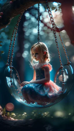 close up portrait of princess on a swing inside a crystal ball with a tree inside , shot on Hasselblad h6d-400c, zeiss prime lens, bokeh like f/0.8, tilt-shift lens 8k, high detail, smooth render, down-light, unreal engine, prize winning