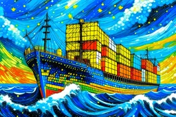 Oil painting in Klimt style, of a containership in rough weather