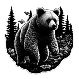 Sticker design on white background, Teddybear walking in a forest, in Gustave Dorè art style, high details, photorealistic, ambient occlusion, monochrome, black and white