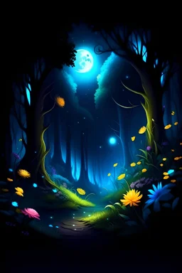 bosque mágico, de noche, la luna en el fondo ilumina, flores neón, arboles iluminados por luciérnagas,