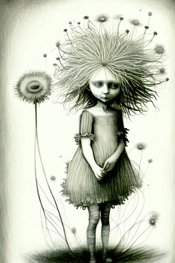 pencil and charcoal sketch of a cute happy little dandelion fairy girl, Mucha inspired emotional nature ephemeral sculptures of Andy Goldsworthy, tiny human form, essence captured as if created by surrealist photographer Noel S Osvald rendered in bright ombre colors, mixed with influences by John Bauer and Tim Burton, faded dark grey background, minimalistic art, with details that reflect advanced rendering techniques that push the drawing's realism even further Modifiers: trending on Artstation