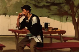 rapper smoking on picnic table by Caravaggio