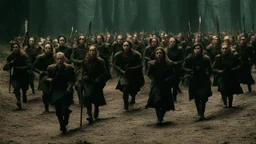 [Pan's Labyrinth (2006)] heavily armed female elf group on the march, rusty and dusty with sharp pole arms