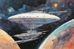 create an interstellar container ship caught in a swirling celestial maelstrom, cosmic patterns, and dreamlike scenes, stars, planets, in the comic book style of Bill Sienkiewicz and Jean Giraud Moebius, ink wash and watercolor, highly detailed and sharply defined