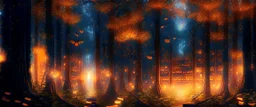 Realistic view a huge library in forest with fireflies and orange mystic lights around trees that have wide leaves and broad trunked