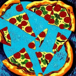 Portrait of pizza seen from top by van gogh, dark cyan