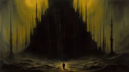 Darkness awaits as death is calling, dystopian surreal painting by Zdzisław Beksiński and ((Dariusz Zawadzki)), disturbing art, visually captivating and vivid, dark narrative art, occult horror stories, dystopian fantasy horror stories, nightmarecore, macabre art