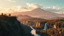 A highly minimalist vector image in rich color tones; a blend of industrial design, jungle and forest amid a sweeping landscape. A cantilevered visitor center & viewpoint extends from a hillside, built into the landscape along the treeline in the foreground, next to a river. A series of waterfalls cascade down a cliff face midground. Majestic mountain peaks sit in the background in a beautifully clouded afternoon sky.