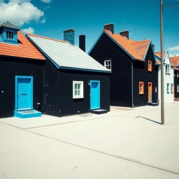 Fotografia di strada assurda e falsa orripilante blu weirdcore dai colori vivaci. Yves Tanguy. Non luogo falso, inusuale. Max Ernst. Le case sono false e dipinte di nero chiaro con cose stilizzate e dettagli inutili. Ci sono finestrelle false quadrate, che danno un senso distopico e molto surreale, disposte in modo casuale. L'atmosfera generale sembra noiosa e onirica, con un contrasto tra elementi reali ed elementi dipinti falsi, on the shore, René Magritte, oddest things
