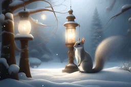 Winter landscape, delicate white velvety clouds, lanterns, small Christmas trees, frost, a small very cute realistic squirrel with detailed fur drawing, with very beautiful clear eyes, light snow, mystical haze, gentle dawn, hyper realistic, beautiful, lumen, professional photo, beautiful, high resolution, cgi,f/16, 1/300s, high detailed digital painting