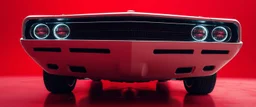 low view angle shot down from upper left front and showing the full vehicle, a 60s futuristic prototype muscle car, large close up a beautiful look up modern is decorated with red abstract, all red background, fisheye lense, vray, raytracing