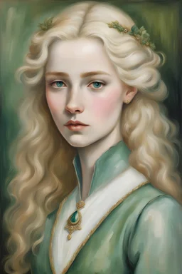 aged 16, epitomizes Targaryen allure with her golden locks and sweet sapphire eyes. slender frame adorned with delicate features, framed with her porcelain skin and soft high cheekbones. soft make up. Painted oil painting. Dressed in greens, modest