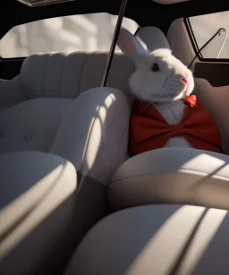 Ultra realistic back seat of limousine image, wide angle view, Alice woman and white rabbit, many color balls, circus clothing, long hair, smoke, feather long coat, soft color, highly detailed, unreal engine 5, ray tracing, RTX, lumen lighting, ultra detail, volumetric lighting, 3d, finely drawn, high definition, high resolution.