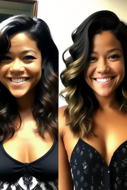 Gina Rodriguez mid-transformation into an african instagram modell. Hair: dark merging with ebony curls. Face: features blending, symmetrical allure. Skin: transitioning glow. Torso: fusion, hourglass merging with African model aesthetic. Arms: graceful blend. Thighs: strength and allure intertwining. Legs: merging old and new, poised strides. Feet: refined transition. Yoga outfit: a seamless fusion, capturing every detail of the enchanting transformation. Gina embodies the essence of both world