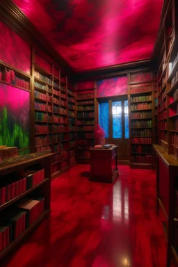 A dark pink psychedelic library with telekinetic books painted by Claude Monet