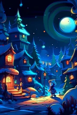 Illustrate a Christmas cartoon adventure scene with fine dark color, in the night