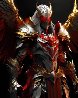silver and gold armor with glowing red eyes, and a ghostly red flowing cape, crimson trim flows throughout the armor, the helmet is fully covering the face, black and red spikes erupt from the shoulder pads, crimson and gold angel like wings are erupting from the back, crimson hair coming out the helmet