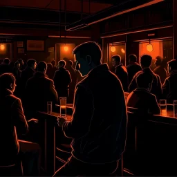 a single figure in a crowded bar at night, dark colors