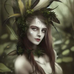 Portrait of beautiful girl, plant, metal, feathers, Dryad, fae, sidhe, ominous, nature, plants, wildflower, facepaint, dnd character portrait, intricate, oil on canvas, masterpiece, expert, insanely detailed, 4k resolution, retroanime style, cute big circular reflective eyes, cinematic smooth, intricate detail , soft smooth lighting, soft pastel colors, painted Renaissance style, 800mm lens