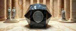 perfect geometry, niad, greek gods and heroes, the chariot, the fool and the tower tarot card disaster rendered in magnificient 4d glossy marble stones reflective and wet, like mirrors, winding stairs, watchers, statues of perfect octahedron dice spaceship with oval interference door