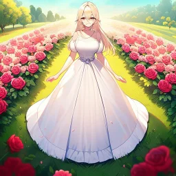 beautiful anime girl wearing a yellow and white dress ,standing in a meadow of flowers, spreading rose pedals on the ground. beautiful eyes and a stunning smile