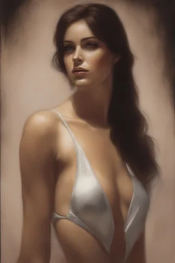 Portrait of a woman, perfect face, perfect copper eyes, dark hair, glamorous, gorgeous, delicate, romantic, red two-piece bathing suit, realistic, romanticism, red tones, Boris Vallejo- Pitch black Background - dark, wood panel wall in the background