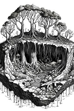 Ground section revealing a living world hidden in a huge root system underground with tiny strange creatures, no view above ground, pen and ink illustration, ultra fine point pen, highly detailed